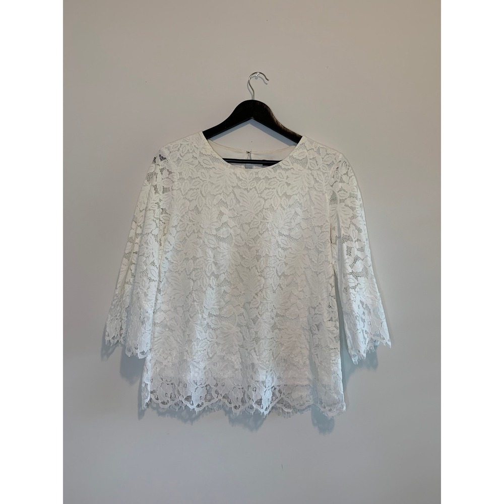 Banana Republic Women White Floral Lace 3/4 Sleeve Blouse Top Eyelash Trim M